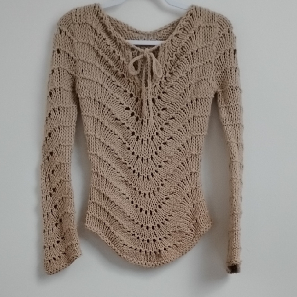 Yarns Y2K Boho Coquette Cottagecore Festival Tan Open Knit Tie Front‎ Sweater